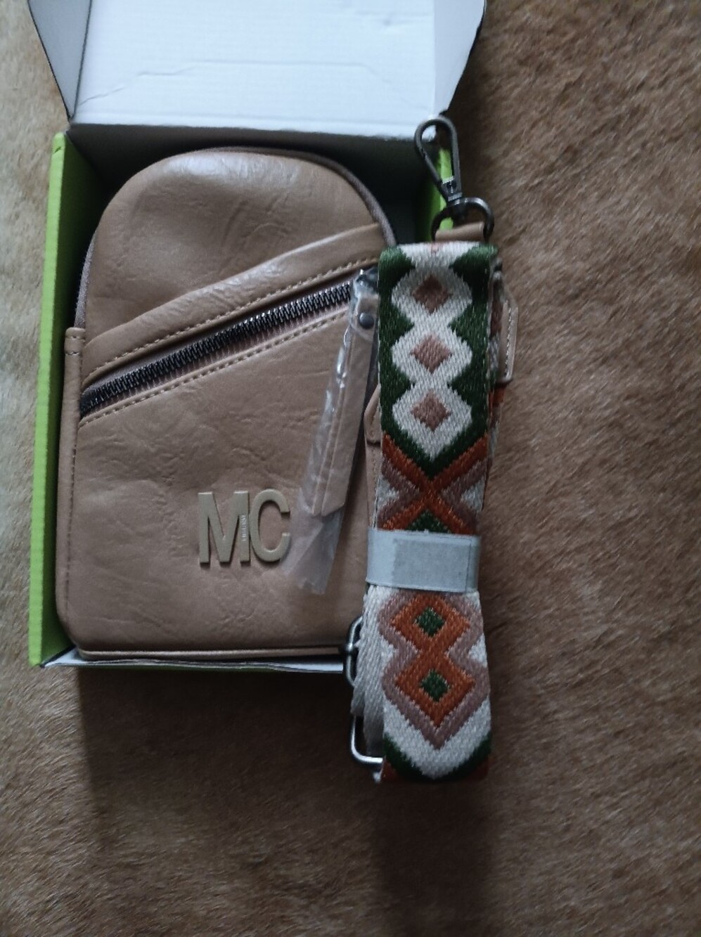 Neutral Tan Crossbody Bag with Patterned Strap
